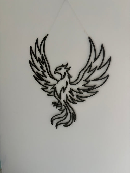 3D printed phoenix wall decoration, in a modern, clean style.